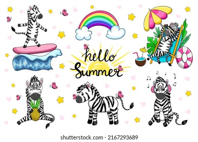 zebra cartoon vector character set, summer holidays concept