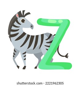 Zebra character with alphabet letter z vector illustration. Cute comic animal with ABC for preschool children book isolated on white background. Education concept