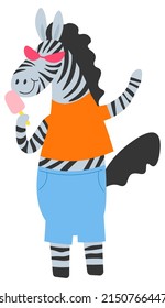 Zebra character wearing stylish clothes and funky glasses accessories. Isolated dancing personage, wildlife safari creature. Portrait of mascot, childish animal in summer. Vector in flat style