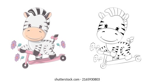 Zebra Clipart for Coloring Page and Multicolored Illustration. Baby Clip Art Zebra on Scooter. Vector Illustration of an Animal for Coloring Pages, Prints for Clothes, Stickers, Baby Shower. 