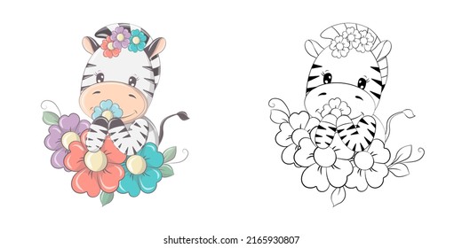 Zebra Clipart Multicolored and Black and White. Beautiful Clip Art Zebra in Colorful Flowers. Vector Illustration of an Animal for Prints for Clothes, Stickers, Baby Shower, Coloring Pages.  svg
