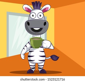 Zebra with coffee, illustration, vector on white background.