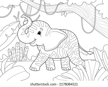 Zebra colored elephant in the African forest. Children cheerful character, animal. Page for printable children coloring book.