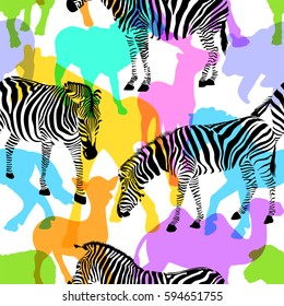 Zebra with colorful silhouette wildlife animals, seamless pattern. Wild animal design trendy fabric texture, illustration.