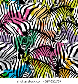 Zebra With Colorful Silhouette Wildlife Animals, Seamless Pattern. Wild Animal Design Trendy Fabric Texture, Illustration.