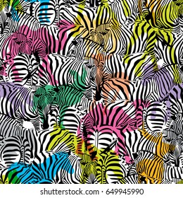 Zebra with colorful silhouette wildlife animals, seamless pattern. Wild animal design trendy fabric texture, illustration.