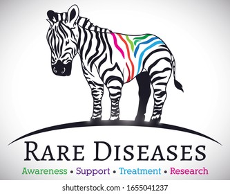 Zebra with colorful stripes like symbol of uniqueness and Rare Diseases, promoting some of its precepts: awareness, support, treatment and research.