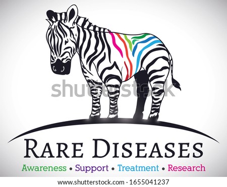 Zebra with colorful stripes like symbol of uniqueness and Rare Diseases, promoting some of its precepts: awareness, support, treatment and research.