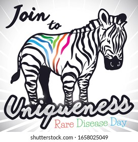 Zebra with colorful stripes over glossy sign promoting to join to the uniqueness of orphan illness in the Rare Disease Day in the last day of February.