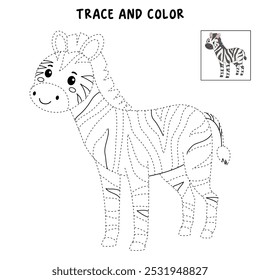 Zebra Malvorlagen für Kinder. Spur und Farbe Zebra. Zebra-Tier-Karteikarte für Kinder, Vektorgrafik. Buchstaben Z ist für Zebra. Kindergarten- und Vorschularbeitsblätter für Kinder druckbar.