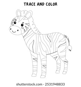 Zebra coloring pages for kids. Trace and color zebra. Zebra animal flashcard for kids vector illustration. Letters Z is for Zebra. Kindergarten and preschool worksheets printable for kids.