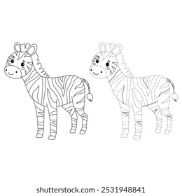 Páginas de coloração de zebra para crianças. Traço e cor zebra. Cartão-flashcard de zebra animal para ilustração de vetores infantis. A letra Z é para zebra. Planilhas de jardim de infância e pré-escola imprimíveis para crianças.