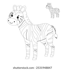 Páginas de coloração de zebra para crianças. Traço e cor zebra. Cartão-flashcard de zebra animal para ilustração de vetores infantis. A letra Z é para zebra. Planilhas de jardim de infância e pré-escola imprimíveis para crianças.