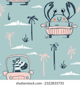 Zebra, crab car funny cool summer t-shirt seamless pattern. Road trip vacation print design. Beach tropical travel kids apparel, nursery wild jungle exotic wallpaper. Hand drawn cartoon animal motif