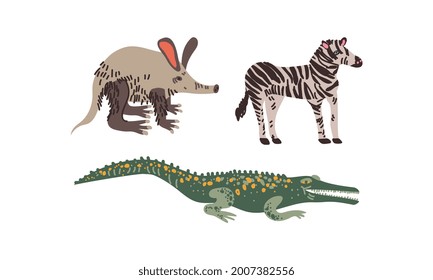 Zebra and Crocodile as African Animal Vector Set