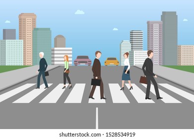 Zebra crossing, cars and pedestrians. Cartoon. Vector illustration.