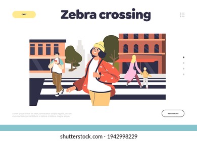 Zebra crossing concept of landing page with group of people on crosswalk walking to other street side and car drivers waiting. Cartoon flat vector illustration