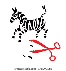 zebra cut with red scissors - vector illustration