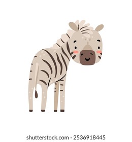 Personagem de desenhos animados bonito zebra, habitat selvagem da África. Safári vetorial ou savana, animal equino mamífero. Desenho infantil de cavalo selvagem pequeno. Criatura isolada listrada de parque ou zoológico de vida selvagem