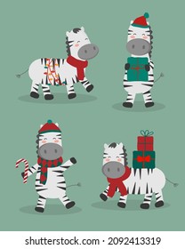 Zebra cute cartoon vector kawaii funny character in christmas theme. Design element for invitation card, party, New Year's, Christmas, birthday, T-shirt, greeting card, poster, print and publication
