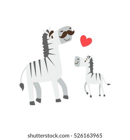 Zebra Dad With Moustache Animal Parent And Its Baby Calf Parenthood Themed Colorful Illustration With Cartoon Fauna Characters