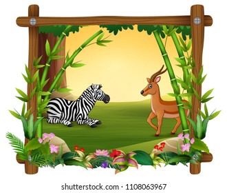 Zebra dan deer in forest frame