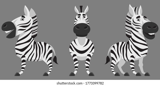 Zebra in different poses. African animal in cartoon style.