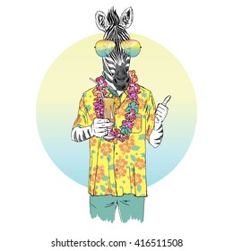 zebra dressed up in aloha shirt, furry art illustration, fashion animals, hipster animals, summer illustration