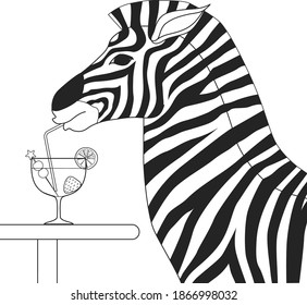 Zebra drinking cocktail glass on the trees for coloring book, coloring page. Vector illustration