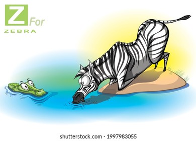 A zebra is drinking water by dipping its mouth in the river water, bending its front legs and a Crocodile's face is floating on the water for hunting.