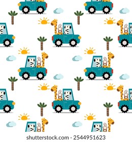 Zebra drive car cartoon so cute. On tree sun cloud white background. Pattern seamless vector illustration. 
