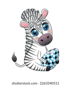Zebra with Easter egg, flowers. Easter greeting card.