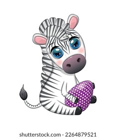Zebra with Easter egg, flowers. Easter greeting card.