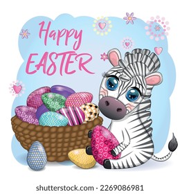 Zebra with Easter egg, flowers. Easter greeting card.