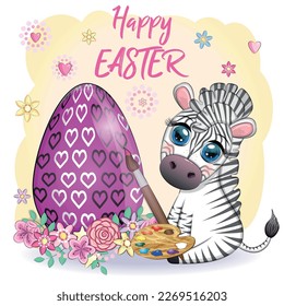 Zebra with Easter egg, flowers. Easter greeting card.