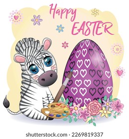 Zebra with Easter egg, flowers. Easter greeting card.