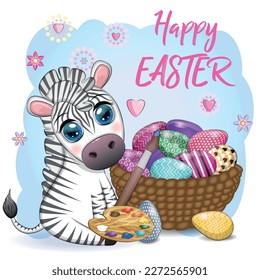 Zebra with Easter egg, flowers. Easter greeting card.