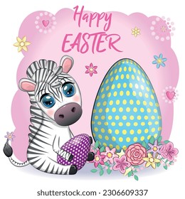 Zebra with Easter egg, flowers. Easter greeting card.