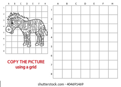 zebra  educational grid game. Vector illustration of grid copy educational puzzle game with happy cartoon zebra for children