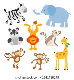 Zebra, elephant, panda, lion, lemur with a butterfly on its nose, monkeys and giraffe. Set of jungle animals for the design of childrens posters, game win award certificates. 