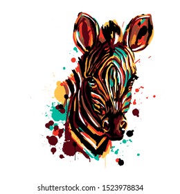 Zebra face color brushstroke, African animals pop art, vector , Zebra head