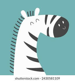 Zebra face icon. Black striped horse. Cute cartoon kawaii funny baby character. Zoo animal. Side view. Education cards for kids. Childish style. Sticker print. Flat design. Blue background. Vector