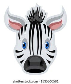 A Zebra Face in white black with stripes, with blue eyes and pink ears, vector, color drawing or illustration.