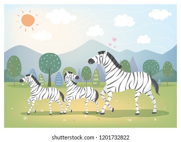 Zebra family design in the trees. Mountains and abundant nature.