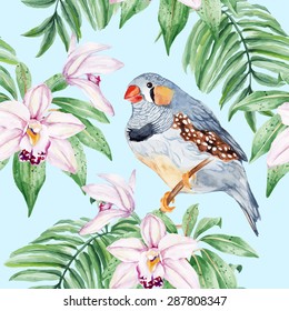 Zebra Finch. Little bird and exotic flower. Seamless, hand painted, watercolor pattern. Vector background