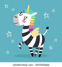 Zebra im flachen Cartoon-Stil. Frohes, schwarz-weißes, handgezeichnetes Pferd. Ein einziger Regenbogen. Vektorgrafik für Druck, Kinderbuch, Plakat, Stoff.