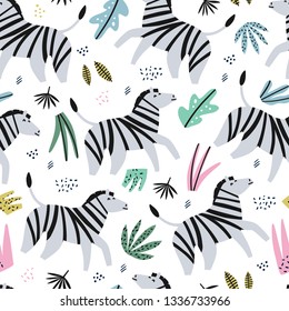 Zebra flat hand drawn color seamless pattern. Cute african animal cartoon character. Jungle, rainforest, savanna fauna. Zoo, safari wildlife mammal.Wrapping paper, kid textile, background design