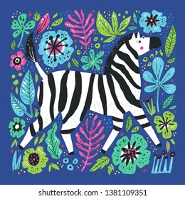 Zebra flat hand drawn illustration. African cartoon animal character on floral background. Multicolor vector flowers and leaves in scandinavian style. Wild mammal on botanical backdrop poster