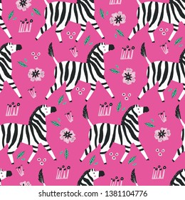 Zebra flat hand drawn seamless pattern. Wild savanna African animal cartoon character wrapping paper. Flowers and leaves in scandinavian style. Pink floral background. Botanical vector backdrop