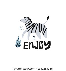Zebra flat hand drawn vector illustration. African animal cartoon character. Jungle, rainforest, savanna fauna clipart. Enjoy lettering. Zoo, safari mammal. Greeting card, kids book design element